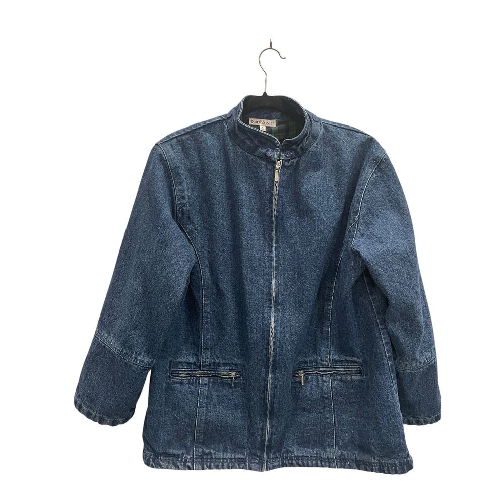 NorthStyle Vintage Plaid Flannel Lined Denim Jacket Zip Pocket Large L EUC